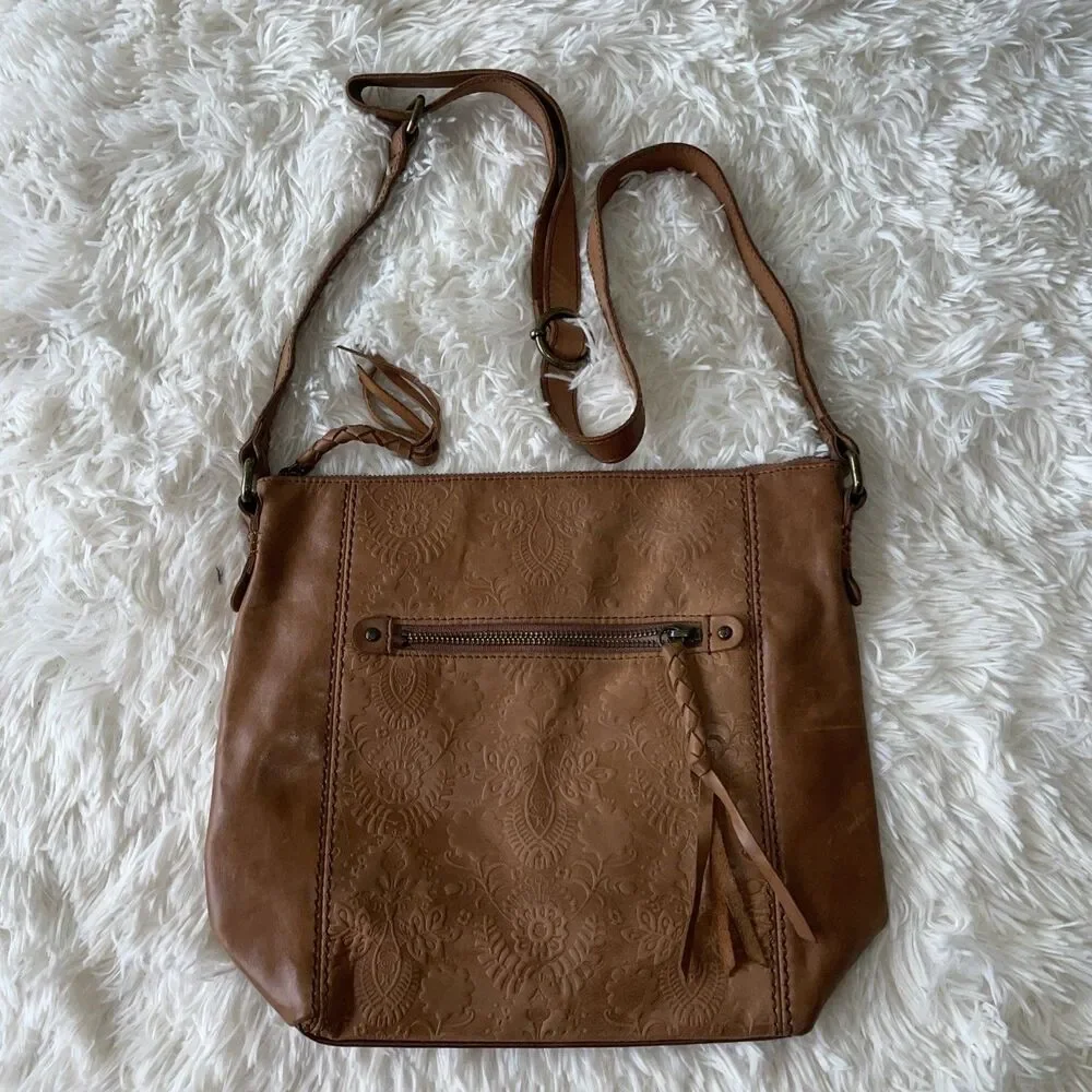 The Sak Ashland Women Brown Leather Crossbody Bag Shoulder Purse Floral Embossed